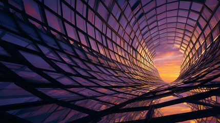 Twisted glass tunnel reflecting sunset sky architecture futuristic