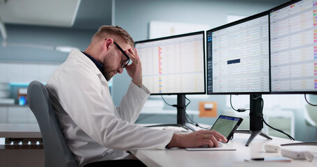 Upset Doctor In Uniform Frustrated Using Multiple Screens