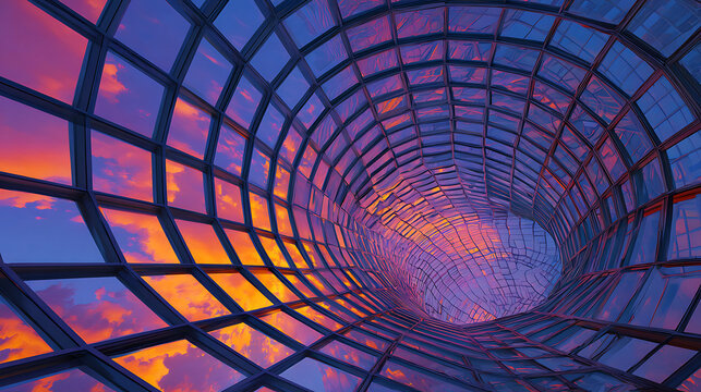 Twisting glass tunnel reflecting vibrant sunset clouds architecture vaulted ceiling