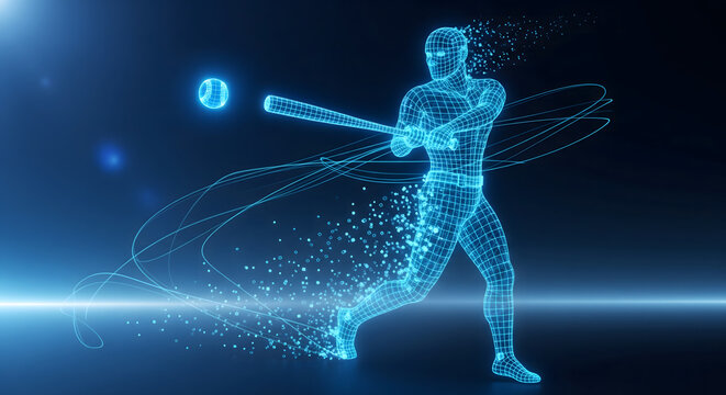 A powerful digital athlete in a wireframe form swings a bat, representing the fusion of baseball and advanced virtual technology