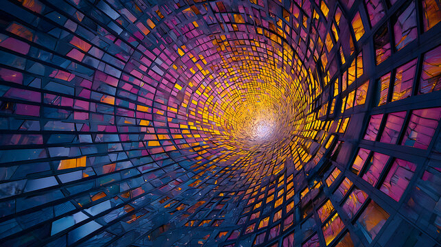 Twisting vaulted glass ceiling with colorful mosaic pattern image