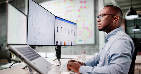 Man Coding Ecommerce Software On Multiple Monitors
