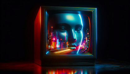 Retro TV Head Cyberpunk Avatar - Glitch Art Digital Media Brain Interface