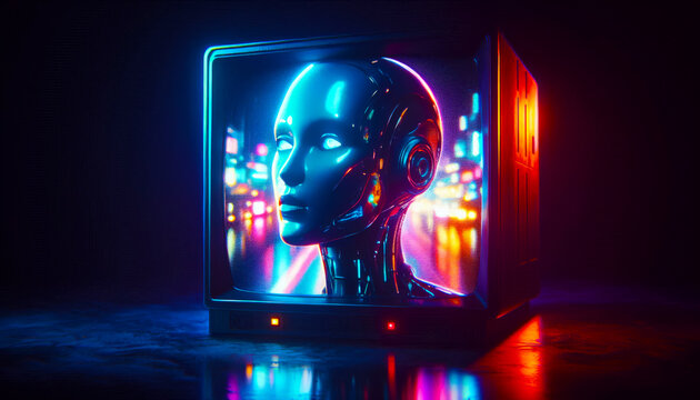 Holographic AI Head in Sphere - Dynamic Neon Portal Abstract Concept - Powered by Adobe