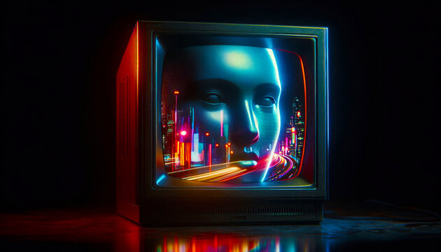Retro TV Head Cyberpunk Avatar - Glitch Art Digital Media Brain Interface - Powered by Adobe