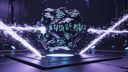 Futuristic alien technology energy cube glows with intricate patterns amidst purple light beams in a dark futuristic laboratory setting creating a sense of mystery and - Powered by Adobe