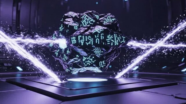 Futuristic alien technology energy cube glows with intricate patterns amidst purple light beams in a dark futuristic laboratory setting creating a sense of mystery and