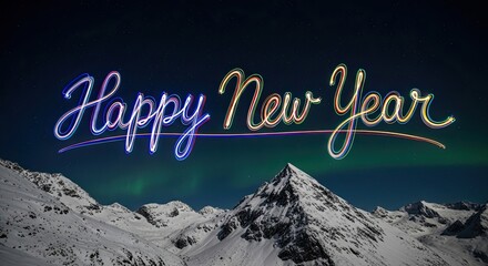 Sparkling Happy New Year Celebration Over Snowy Mountains
