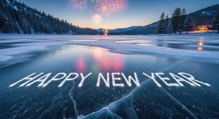 Happy New Year Winter Scenery Fireworks Celebration