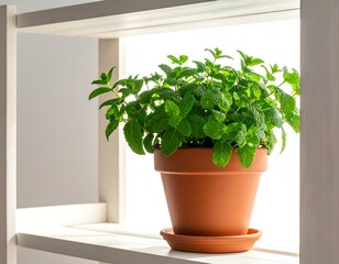 Close-up of a vibrant, leafy green plant in a terracotta pot sitting on a white wooden shelf with natural light