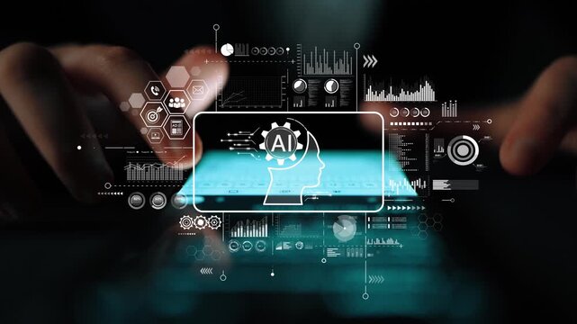 Futuristic Interface Displaying Artificial Intelligence Concept with Data Visualization and Analytical Charts in Dark Background. Asymptotic smart data analytic.