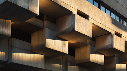 Brutalist concrete building facade with geometric balconies and sunlight architecture