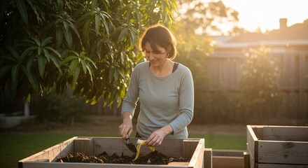 Composting at Home: Woman Mixing Kitchen Waste in Outdoor Bin