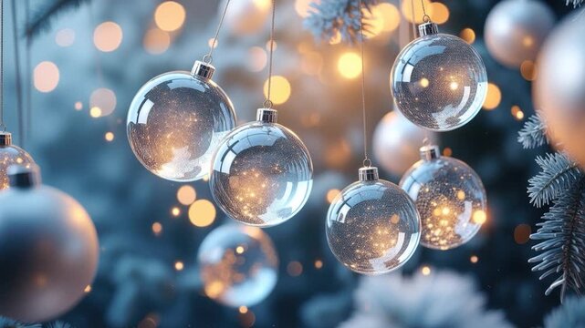 Glass bauble ornament holiday winter decoration Christmas tree light bokeh background silver branch glitter sparkle hanging sphere cozy mood magical glow warm bokeh frosty scene sparkling ornament