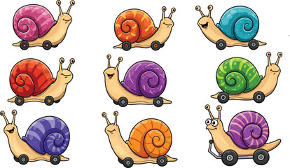 Cartoon snail illustration, colorful snail shells, cute snail characters, snail with wheels, fantasy snail art, whimsical snail drawing, snail pattern © Hello World