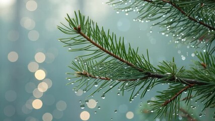 Pine branch dew raindrop evergreen needle forest bokeh morning nature macro, serene mood pine branch dew bokeh morning light evergreen nature fresh green macro forest scene fills frame, sparkling - Powered by Adobe