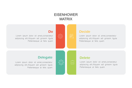 infographic design template with Eisenhower Matrix diagram featuring completed, decided or scheduled, delegated, deleted, or eliminated vector icons. Four quadrants of priority tasks.	