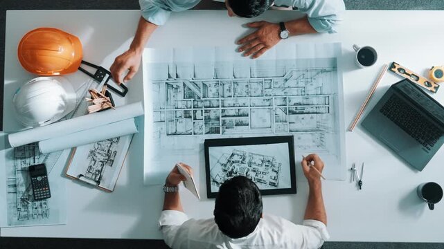Top view of civil engineer working together to plan building design. Top down aerial view of skilled architect team sitting at table while manager talking and discussing about blueprint. Alimentation.