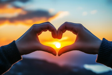 Hands Forming Heart Shape with Beautiful Sunset Background
