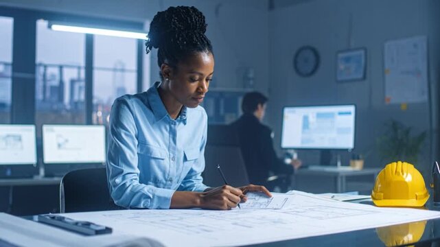 Female engineer office blueprint architecture design drafting planning construction professional workspace focused productivity modern studio architect desk blueprint office engineer design planning