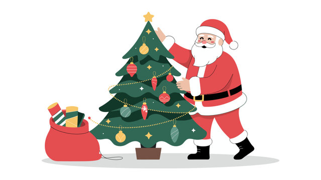 Santa's Festive Touch: Santa Claus, radiating holiday cheer, puts the finishing touches on a decorated Christmas tree. Alongside.