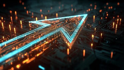 Neon arrow circuit board glowing line futuristic tech digital network data flow cyber theme abstract background orange blue direction guide pulse energy with technology innovation progress