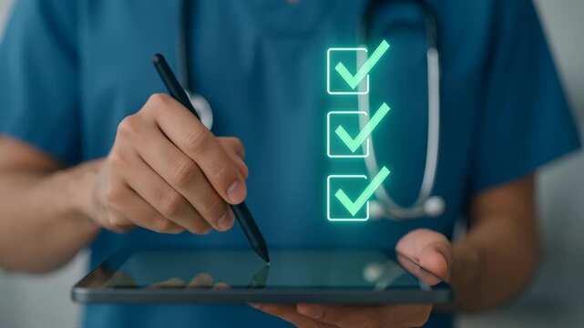 Efficient Healthcare Professional Conducts Health Check with Digital Tablet, Ensuring Precision in Form Management for Optimal Patient Care