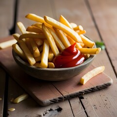 French Fries on White Plate with Ketchup and Tomato, French Fries with Tomato Ketchup on Black Wooden Table

