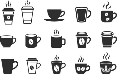 Coffee cup icons, mug silhouettes, hot beverage symbols, steaming drinks, takeaway cup design, espresso art, latte mug, tea cup illustration