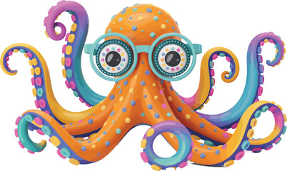 Colorful cartoon octopus illustration, whimsical sea creature with glasses, playful marine animal artwork, vibrant polka dot tentacles, children’s educational design © JOYDIP ROY