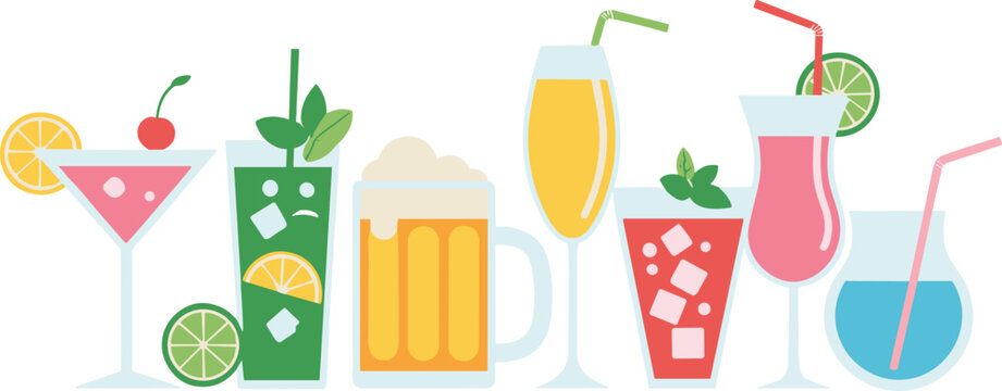 Colorful cocktails illustration, refreshing summer drinks, tropical beverages, fruit garnished glasses, party celebration drinks, vibrant bar menu design, stylish beverage artwork