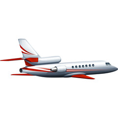 Private Jet Aircraft with White Fuselage Red and Silver Accents Flying in Clear Sky Isolated on Transparent Background
