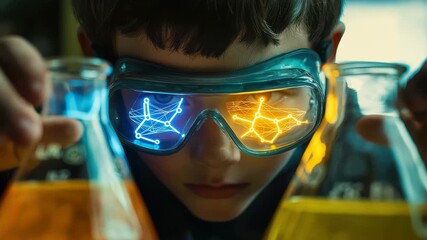 Young scientist conducts experiments with colorful liquids in laboratory setting, Holding flasks with liquids, boy in goggles with chemical structure - Powered by Adobe