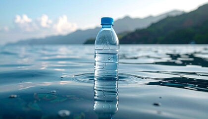 A plastic container floats serenely in water, against a seascape backdrop