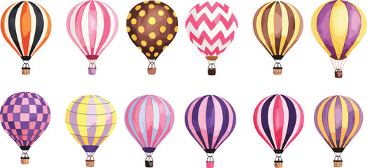Colorful hot air balloons illustration, vibrant cartoon design, striped and patterned balloons, polka dots, zigzag, checkerboard, fantasy sky, whimsical artwork
