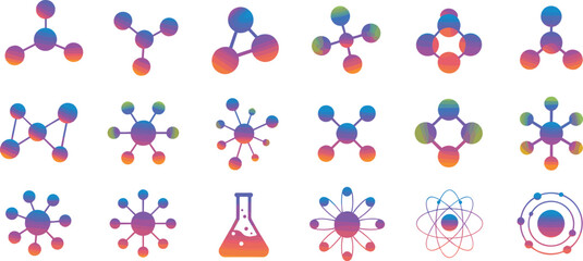 Colorful molecular icons, chemistry illustration, atomic structure, science design, laboratory equipment, gradient molecules, physics model, educational graphic, vibrant atoms, research
