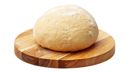 Round ball of bread dough resting on wooden board fresh bakery yeast rising pastry cooking ingredient soft texture isolated on white background