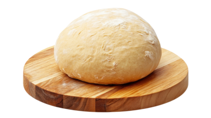 Round ball of bread dough resting on wooden board fresh bakery yeast rising pastry cooking ingredient soft texture isolated on white background