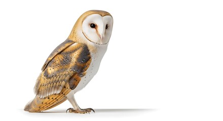 A Barn Owl stands, looking directly at the viewer, with its distinctive heart-shaped face and mottled plumage.