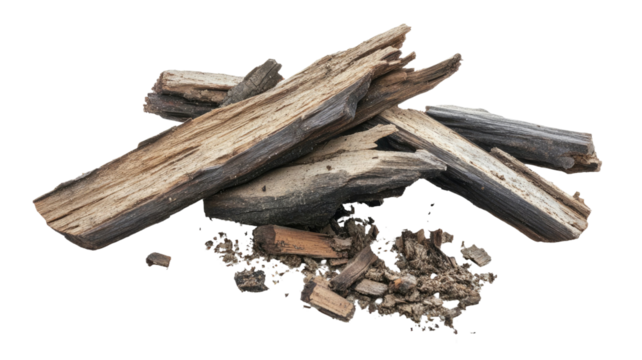 Rotten old wood pieces broken aged timber fragments decayed bark rough texture natural damaged material debris isolated on white background