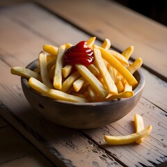 French Fries on White Plate with Ketchup and Tomato