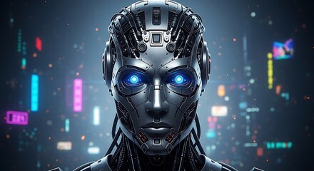 Close-up of a futuristic humanoid robot head with glowing blue eyes, intricate metallic details, and an advanced ai concept background