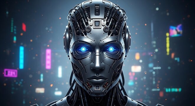 Close-up of a futuristic humanoid robot head with glowing blue eyes, intricate metallic details, and an advanced ai concept background