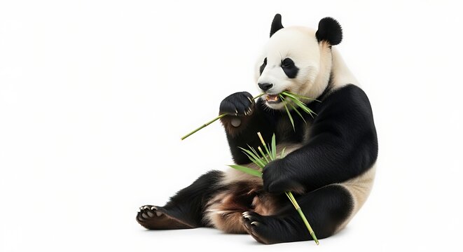 A giant panda sits and eats bamboo shoots against a plain white background.