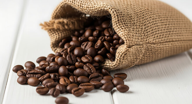 Roasted coffee beans spilling from a rustic burlap sack onto a white wooden table, ready for brewing.