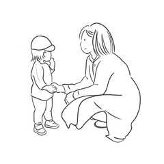 Line art illustration of a parent and child holding hands and talking