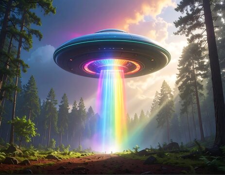 A vibrant UFO beams colorful light in a forest