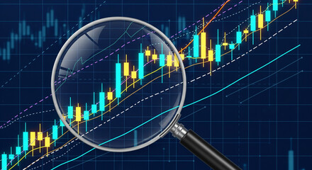 A magnifying glass focuses on a colorful stock market chart, highlighting upward trends and data points against a dark background.