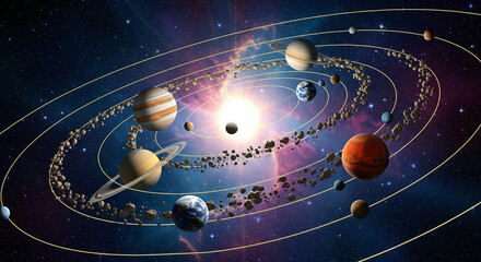 Colorful Illustration of a Detailed Solar System with Planets Orbiting the Sun