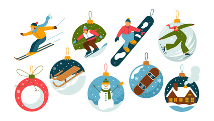 Winter Sports Ornaments: Festive holiday decorations showcasing various winter sports, capturing the spirit of winter activities and seasonal cheer.